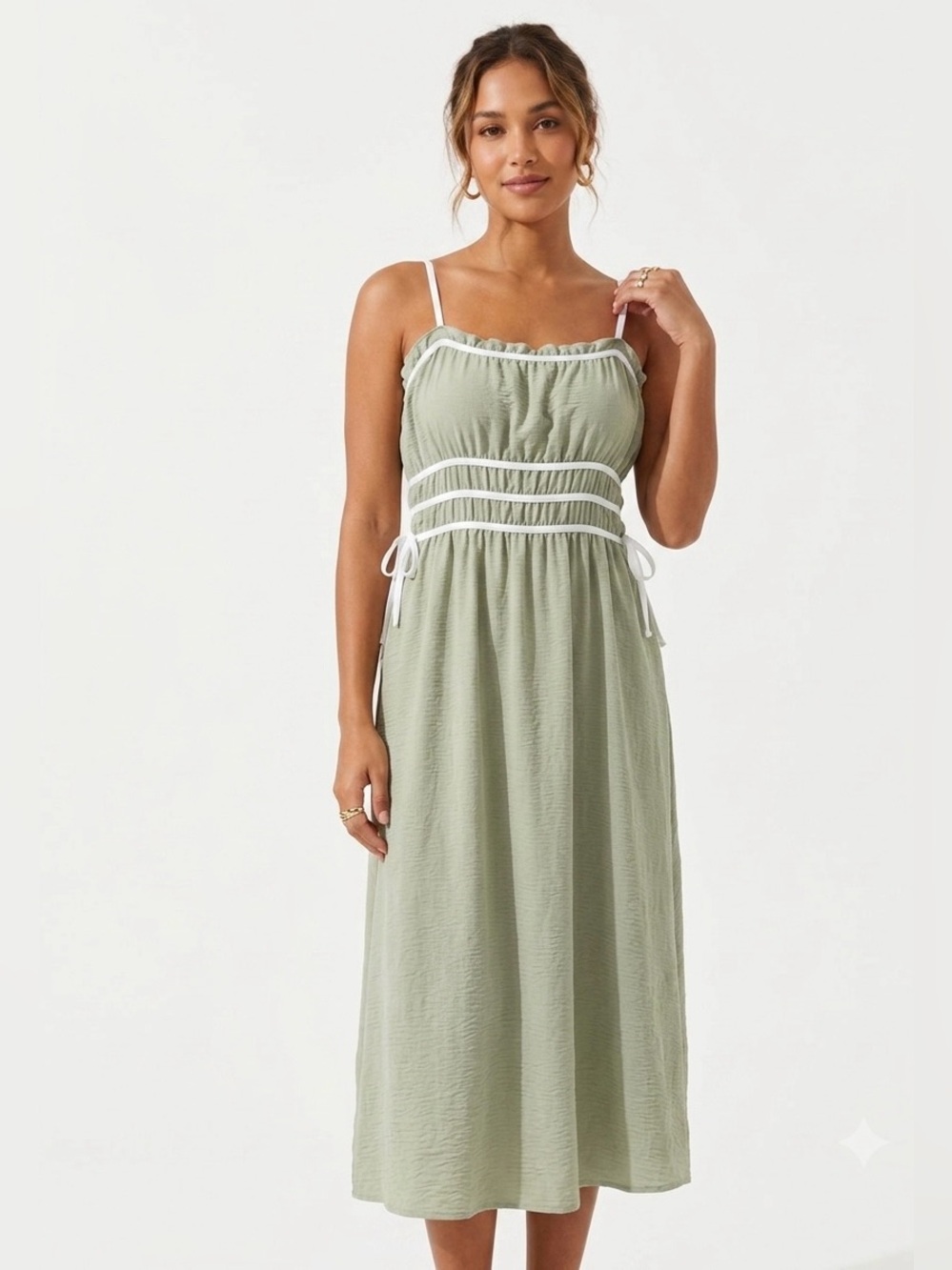 Sage Green Strappy Midi Dress with Contrast Trim
